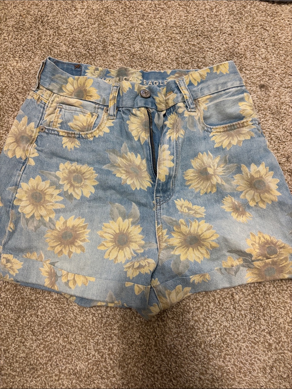 American Eagle Outfitters Light Blue Denim Sunflower High-Waist Shorts